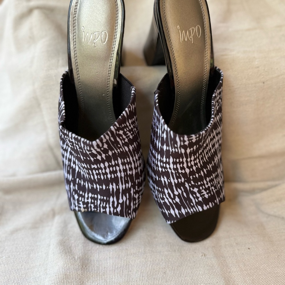 Women's Black and White Heeled Mules - Picture 2 of 3